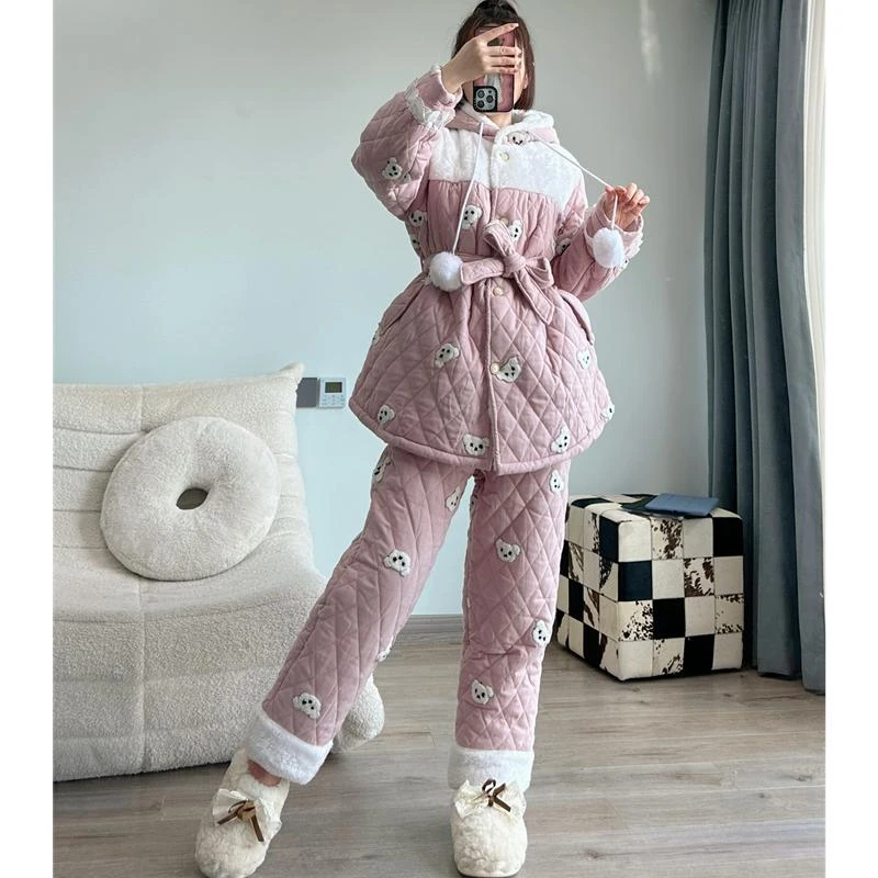 pink grape加绒保暖冬季女士睡衣卡通刺绣连帽夹棉加厚外穿家居服