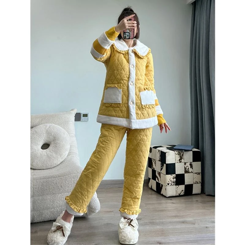 pink grape冬季夹棉女睡衣甜美花边翻领厚保暖御寒加绒外穿家居服