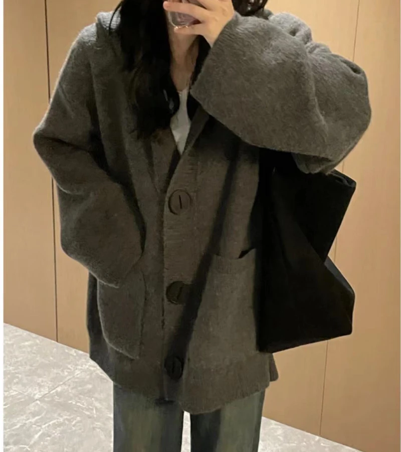 慵懒风连帽针织开衫软糯糯韩系外套女春秋装外穿宽松毛衣DKZ01