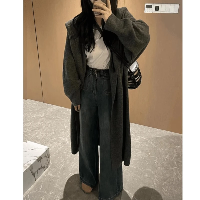 新款女针织开衫毛衣外套显瘦春秋连帽宽松慵懒风长款大衣K2401播