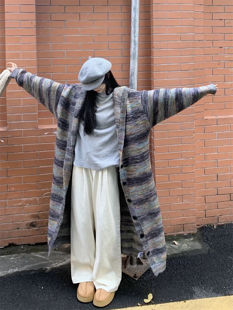 慵懒风秋冬款连帽毛衣外套开衫长款宽松复古条纹撞色大码针织大衣