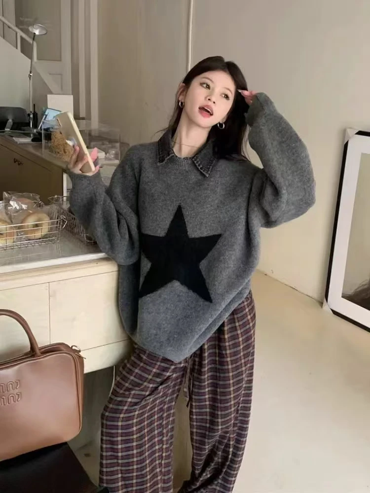 polo领假两件星星毛衣牛仔拼接女冬季加厚慵懒宽松中长款针织上衣