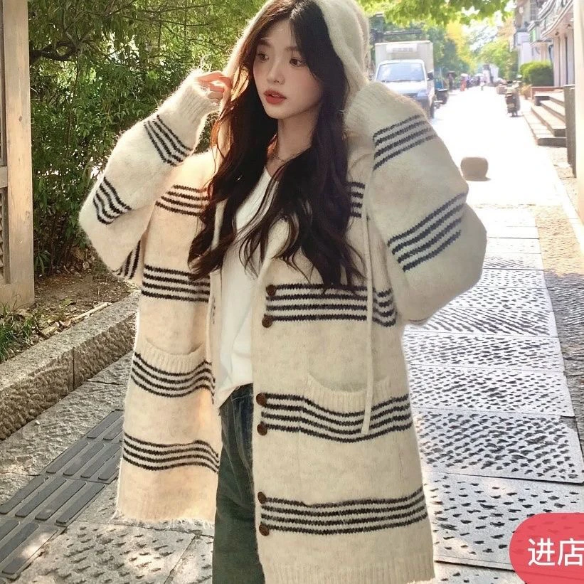 中长款条纹连帽毛衣女冬季2025新款宽松慵懒风软糯加厚针织衫上衣