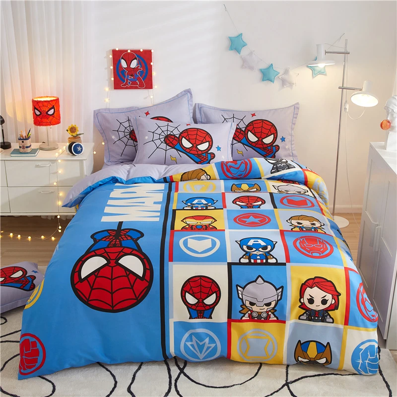 儿童全棉四件套卡通男孩蜘蛛侠纯棉被套床单床笠漫威复联床上用品