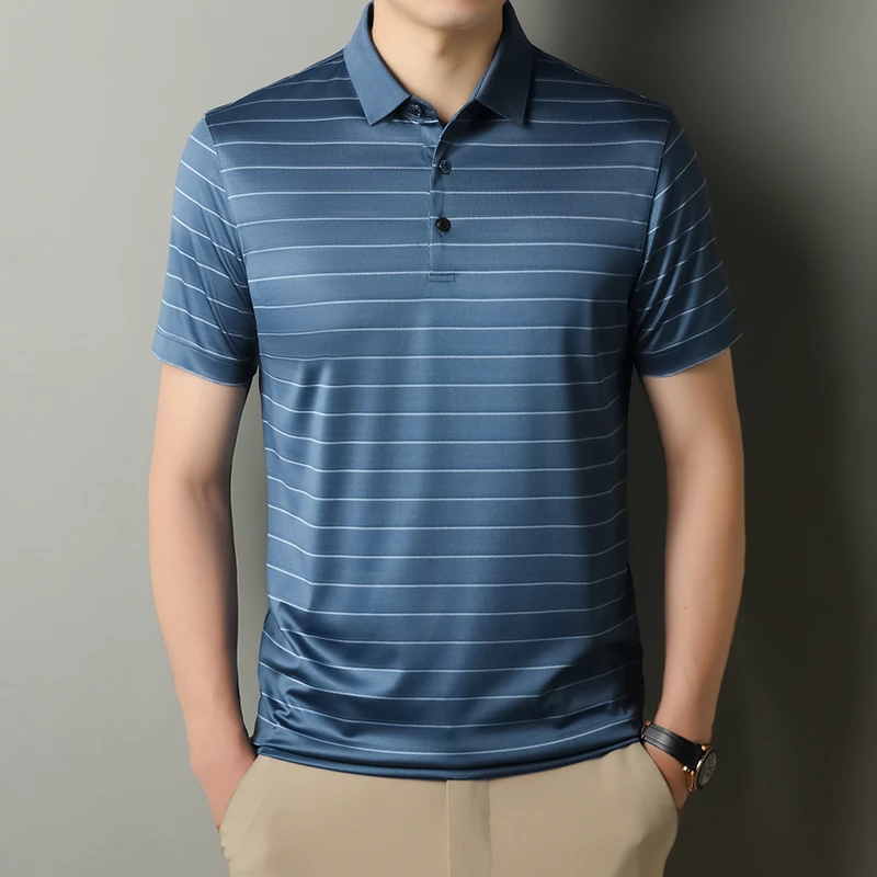 【6A桑蚕丝】夏新款中年男士翻领商务经典桑蚕丝条纹短袖1688