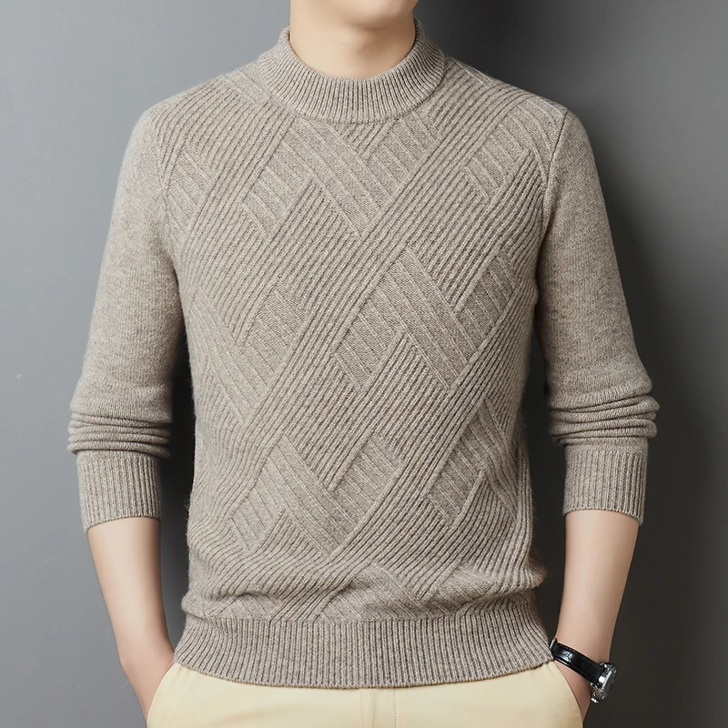 【100%羊毛衫】可机洗重磅加厚冬季男士保暖修身提花加厚套头羊毛衫