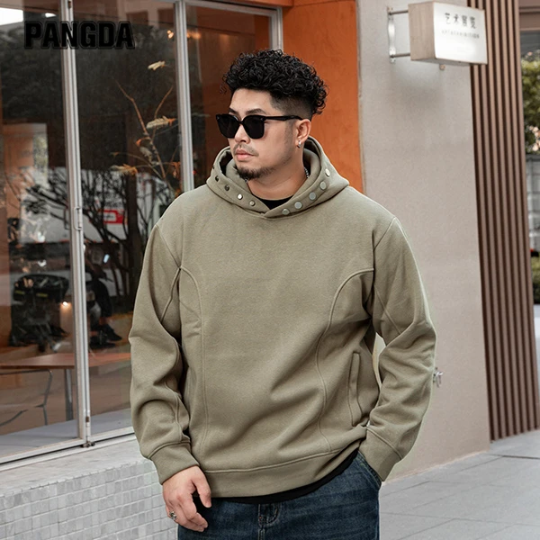 【金属扣连帽加绒卫衣】PANGDA大码男上装冬保暖宽松潮流加肥胖哥