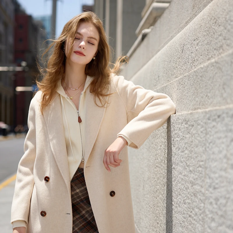 三彩2024冬季新款静奢风绵羊毛双面呢大衣毛呢外套宽松长款女M