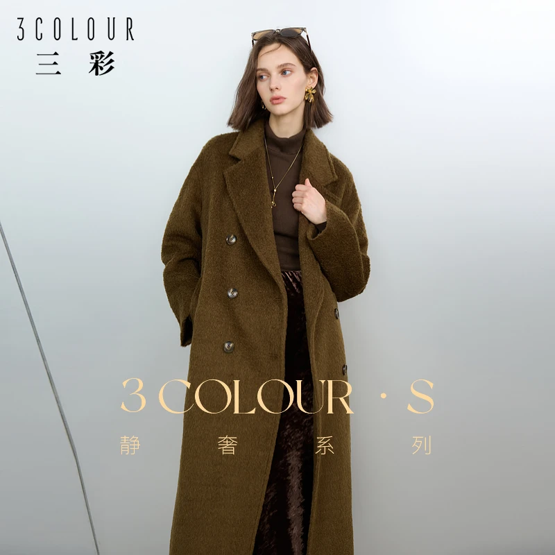 三彩2024冬新款绵羊毛大衣长款双排扣毛呢外套西装领单面呢女S