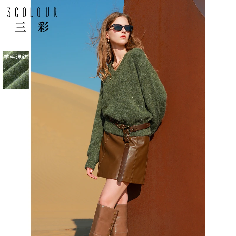 【绿野仙踪】三彩2024冬季新款亮片毛衣V领落肩袖针织衫宽松套头女M