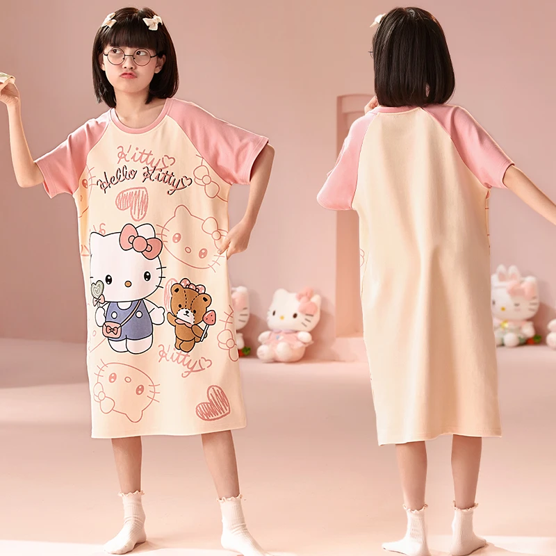 新款棉质儿童睡裙女童夏季睡衣空调服短袖薄款卡通宽松女孩家居服