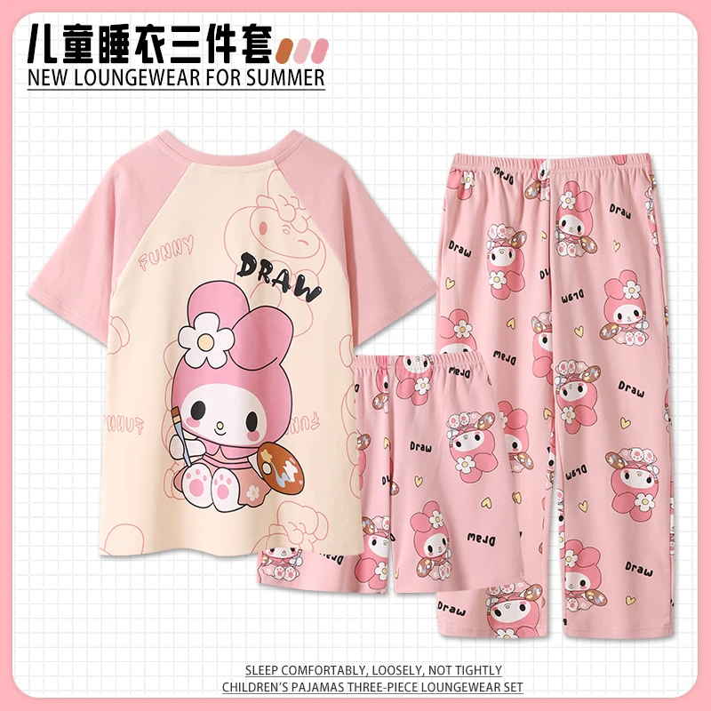 2024新款儿童棉质睡衣女童夏季短袖大童女孩薄款三件套家居服套装