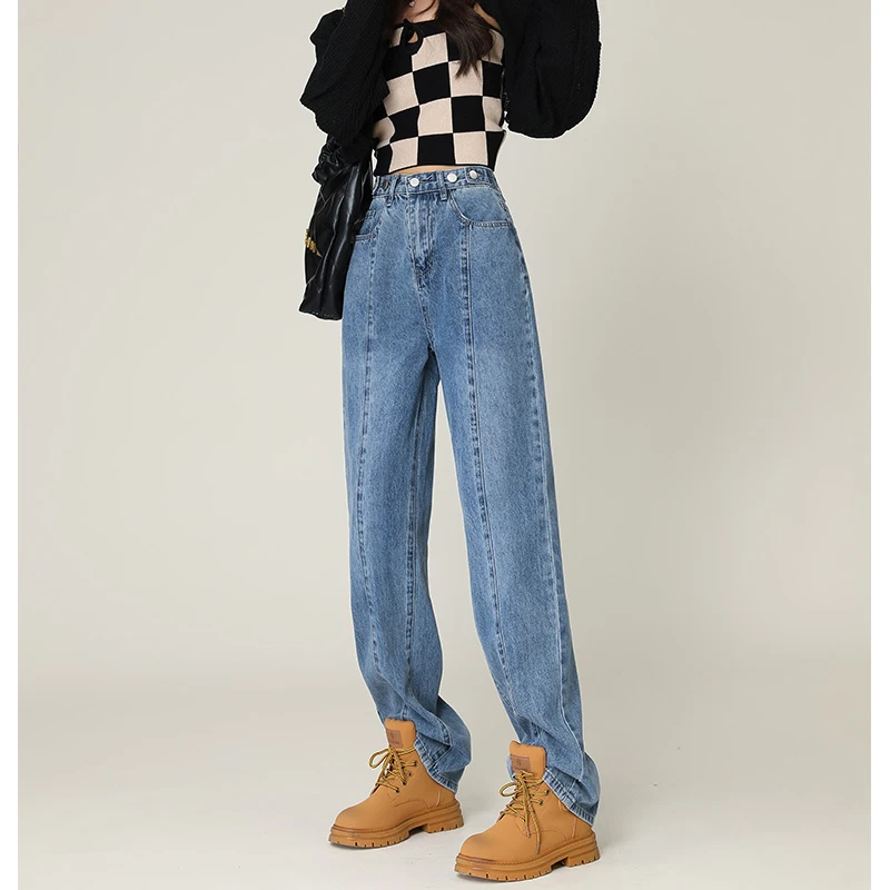 夏季高腰显瘦可调节腰扣直筒阔腿裤女设计感宽松百搭牛仔裤