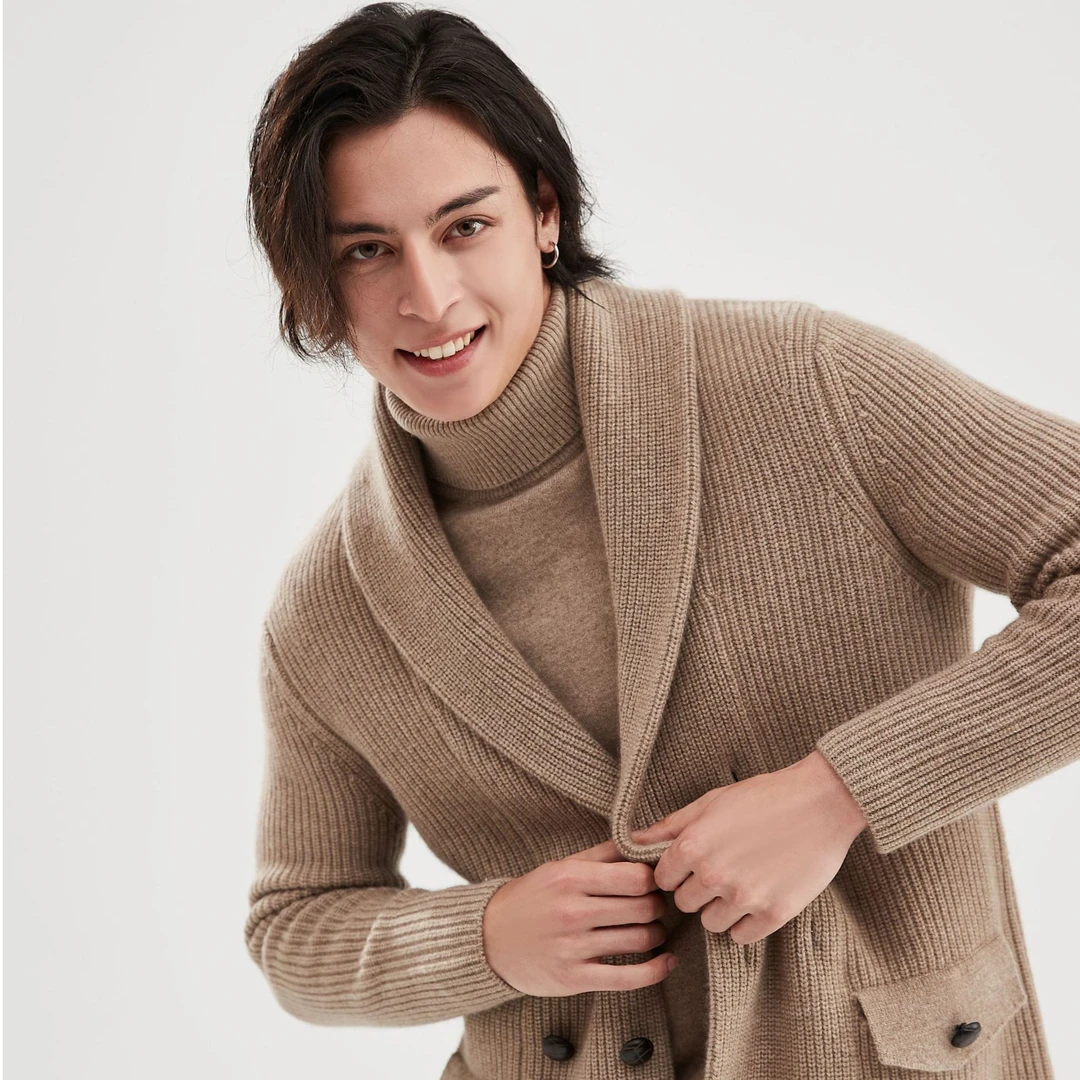 羊绒衫男 加厚翻领开衫纯色青果领上衣双排扣外套男针织衫毛衣男