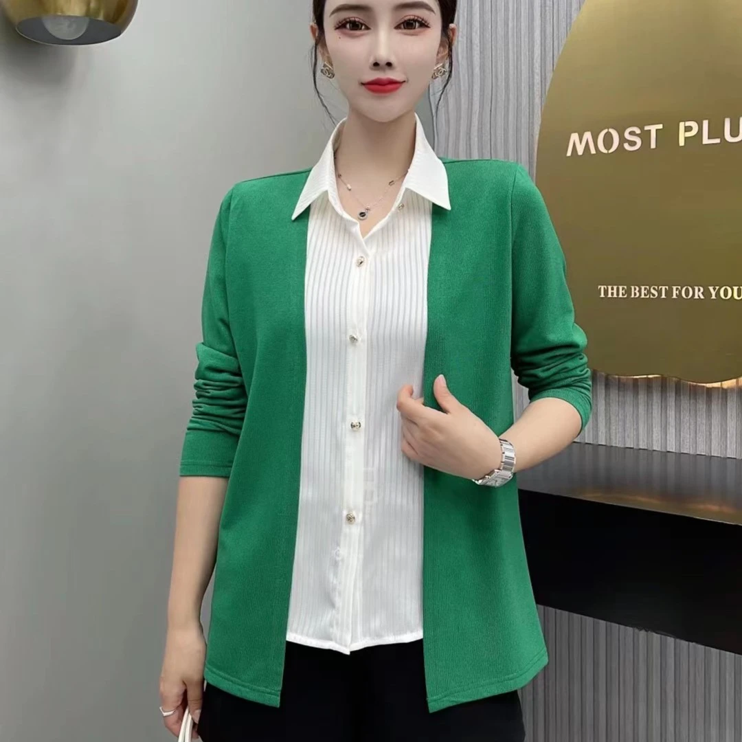 秋季新款时尚假两件衬衫百搭优雅气质妈妈女装小衫潮流拼色针织