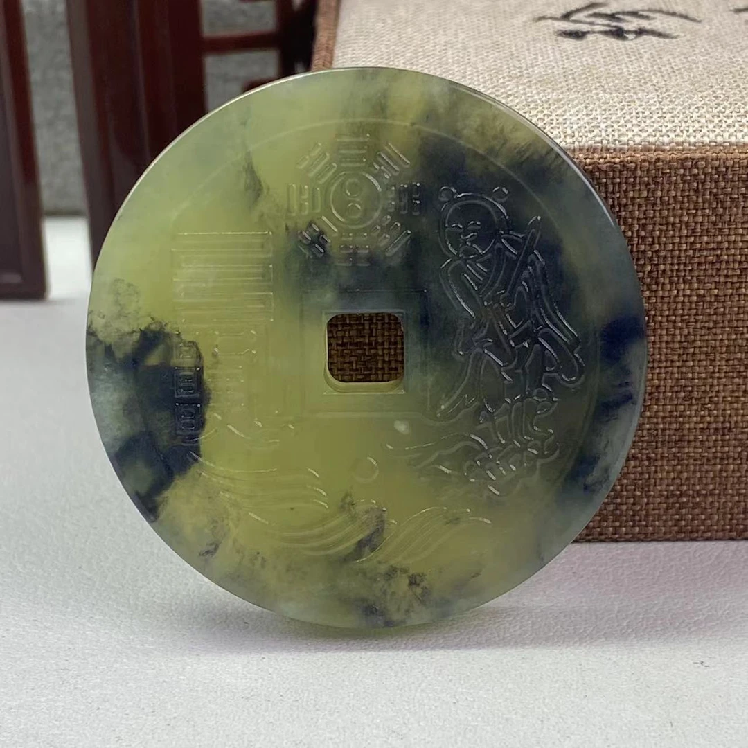 天然岫玉山鬼花钱吊坠太上老君山鬼花钱吊坠水墨山鬼花钱老君山鬼