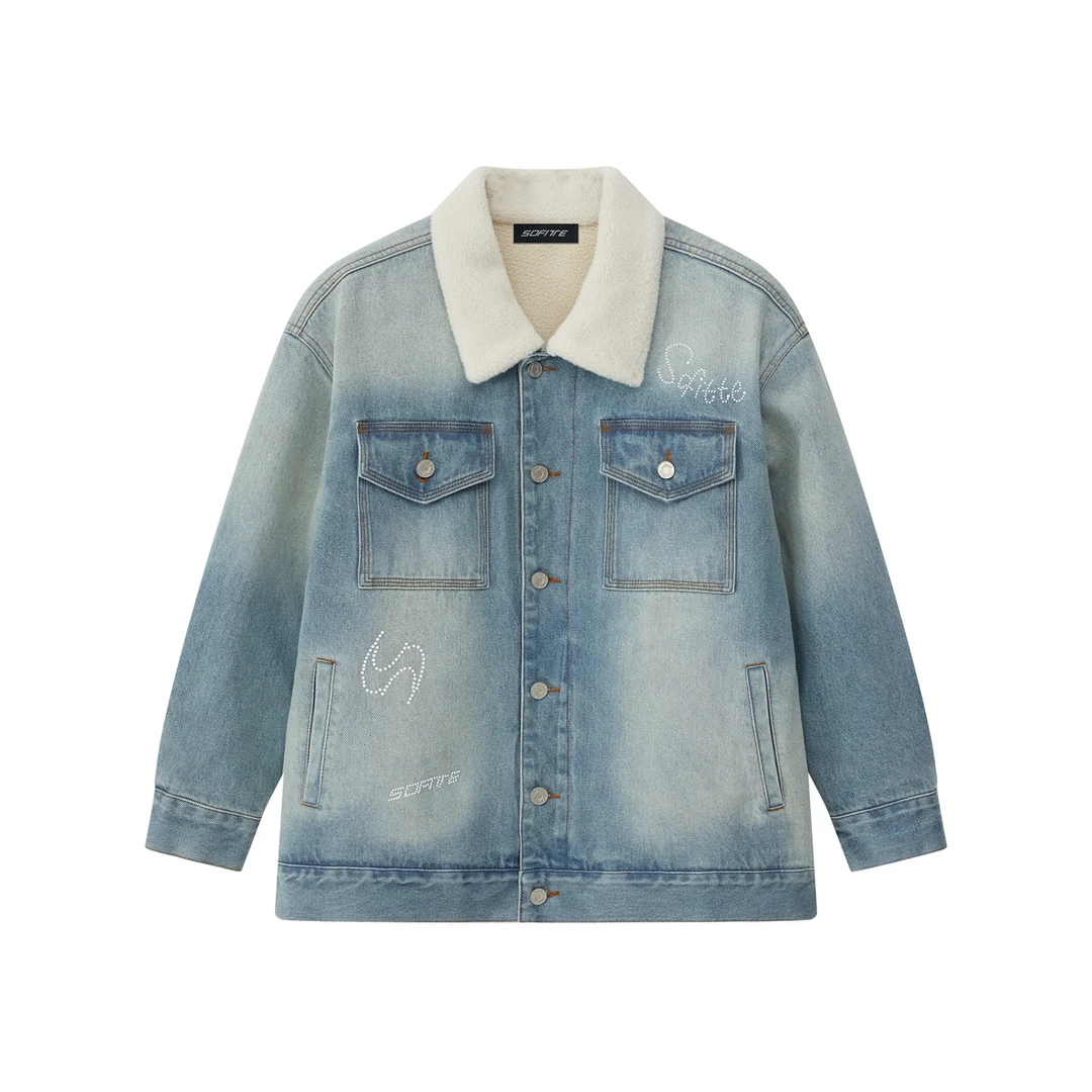 【品牌专属】潮流环保拼接牛仔珍珠logo棉服时尚夹克外套休闲1096