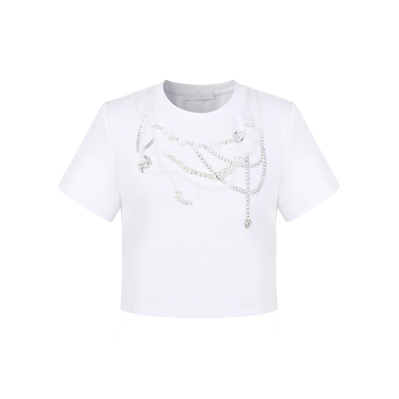 Three Quarters 白色珍珠项链印花短袖T恤直筒显瘦时尚通勤上衣女