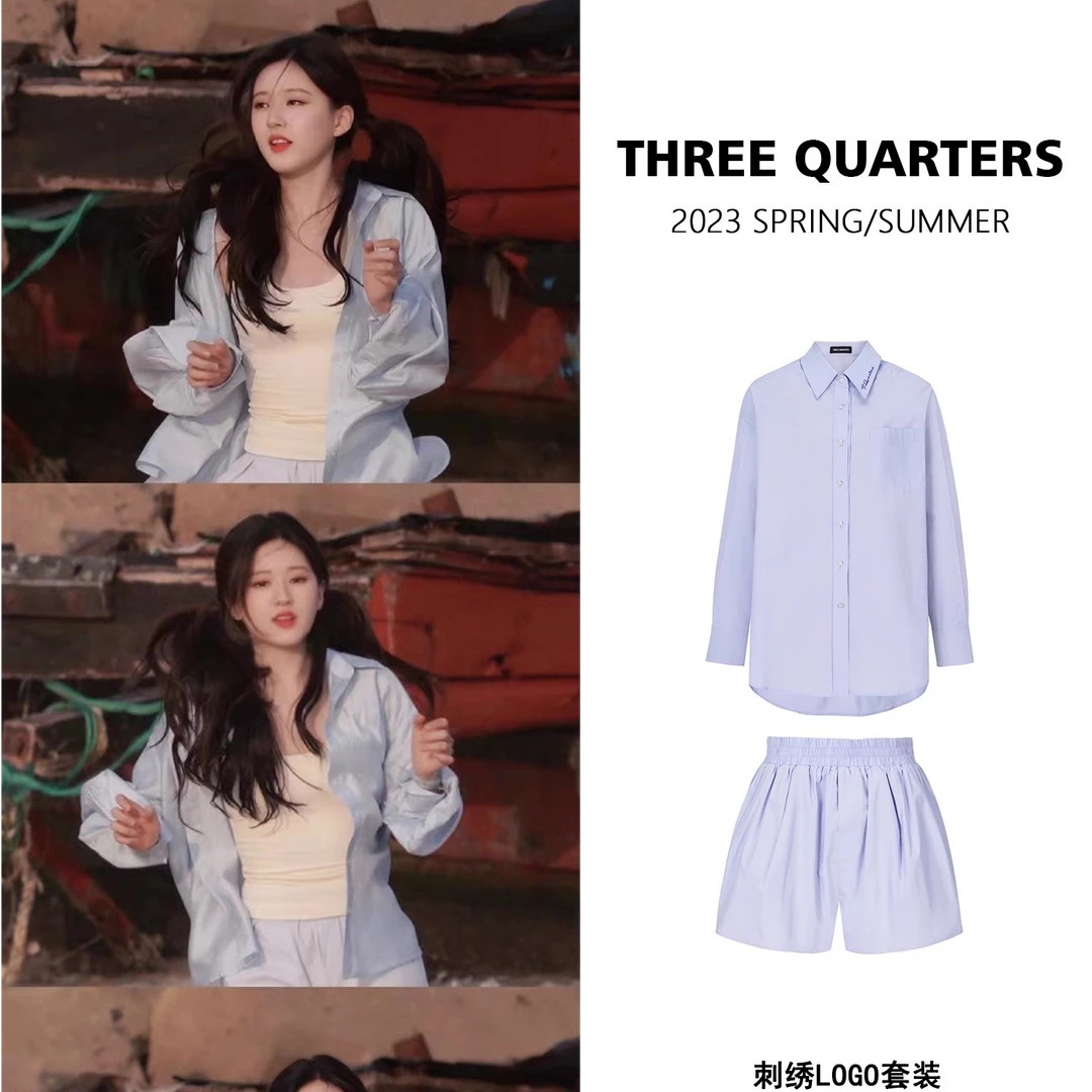 Three Quarters 刺绣logo衬衫/短裤 时尚休闲夏季舒适简约