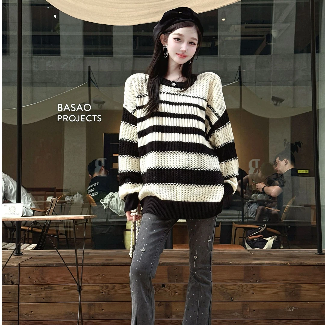 ThreeQuarters条纹秋冬圆领套头时尚宽松毛衣8015