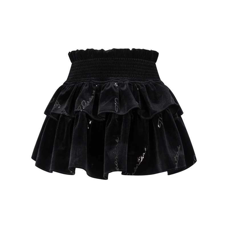 【品牌专属】Three Quarters黑色logo满绣腰头打揽丝绒蓬蓬裙7304