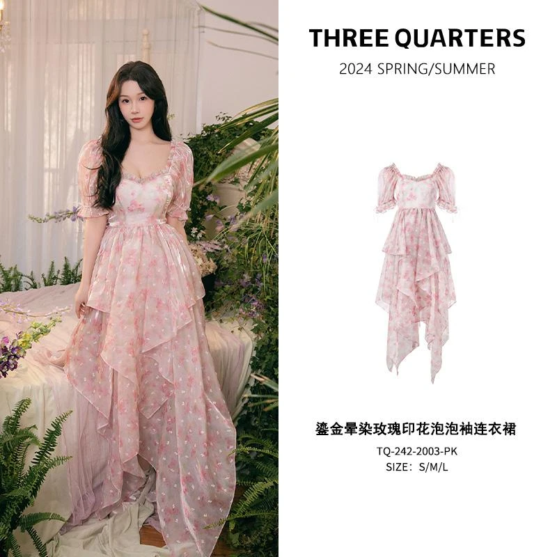 【粉丝团五折】ThreeQuarters鎏金印花小众泡泡袖夏季连衣裙2003