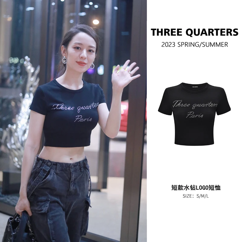 【品牌专属】Three Quarters夏季显瘦圆领短款水钻logo短袖T恤569
