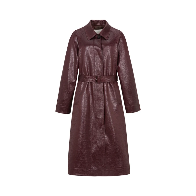 【品牌专属】Three Quarters酒红色宽松长款风衣外套7522