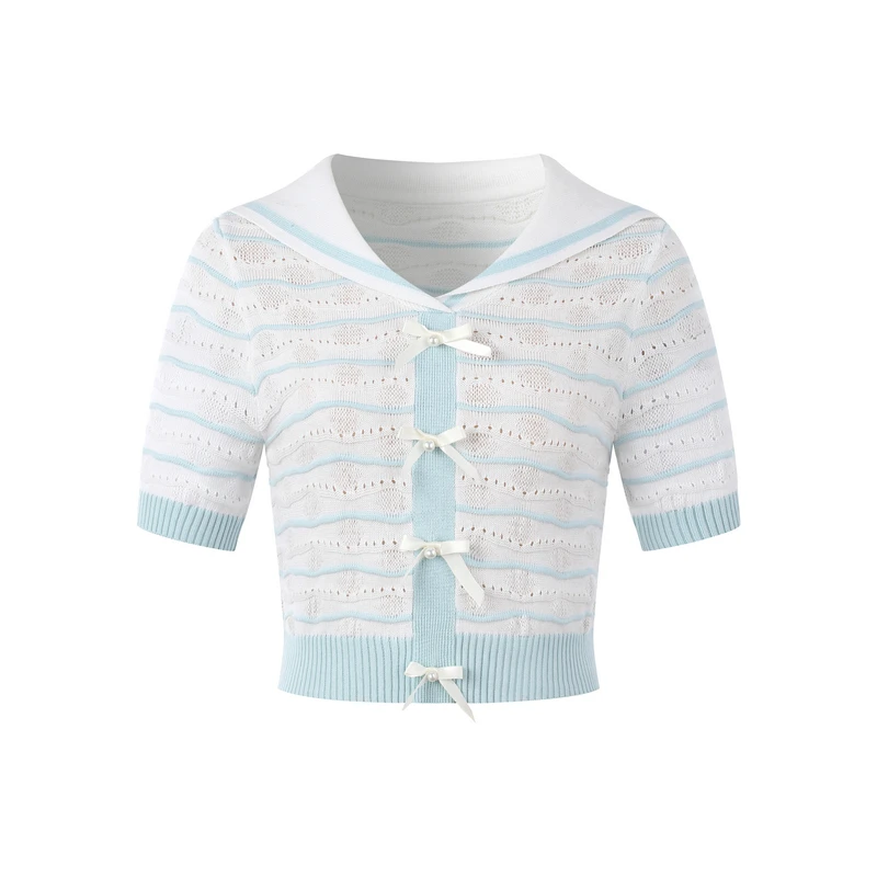 【粉丝团六折】ThreeQuarters蓝白条纹海军领V领套头短袖7031针织衫