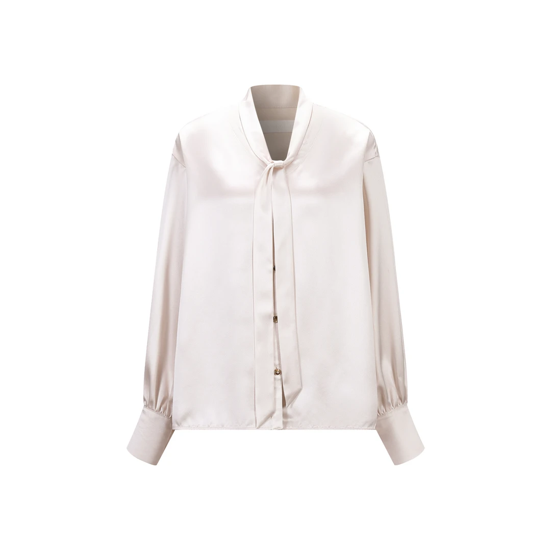 【品牌专属】Three Quarters米色V领飘带醋酸缎感宽松衬衫6134