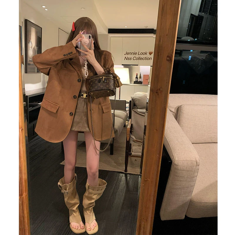 美拉德Get麂皮质感西服小众棕色复古西装外套女2023秋季新款上衣