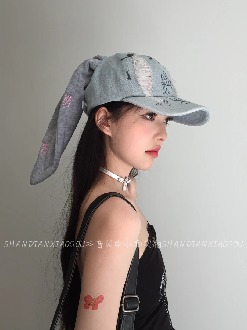 千禧辣妹嘻哈牛仔破洞棒球帽千禧辣妹涂鸦兔耳朵鸭舌帽