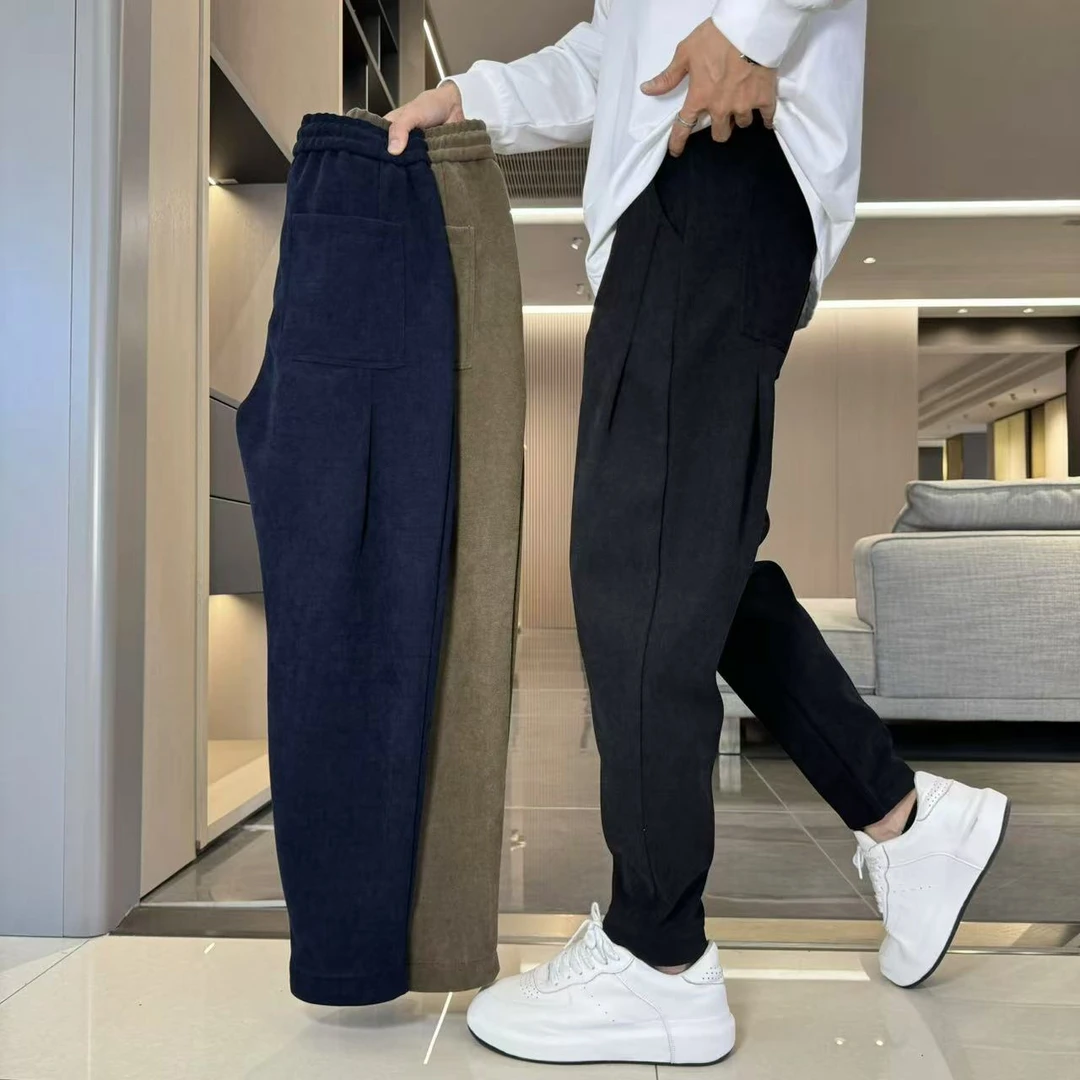 3685#秋冬新款哈伦裤时尚百搭纯色休闲裤加绒加厚宽松男士长裤