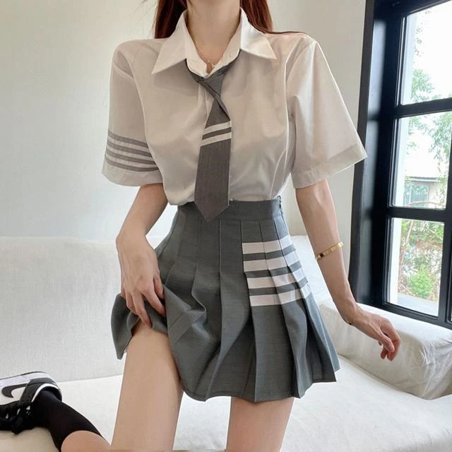 小个子学院风jk制服套装女夏季Polo衬衣高腰A字百褶裙洋气三件套
