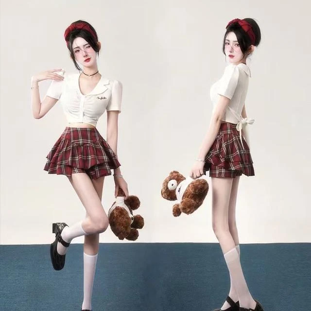 【现货】盐系甜辣风少女穿搭炸街韩剧辣妹纯欲夏季新款红色格子裙减