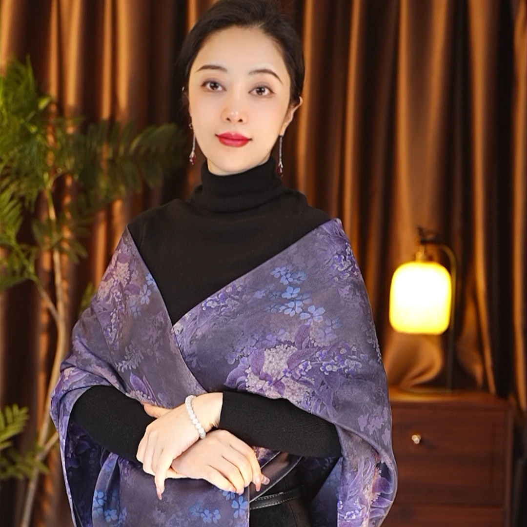 【紫色绣球】140重锻老油皮大方巾围巾女士丝巾百搭时尚优雅