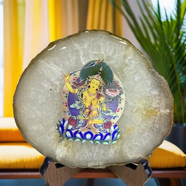 天然玛瑙彩绘画不挑料家居摆件送礼品八大生肖兔守护神文殊菩萨