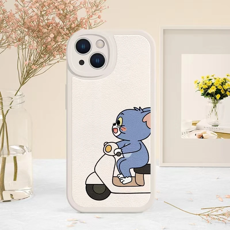 【工厂直发】猫和老鼠情侣款小羊皮手机壳+送钢化膜/曲屏软膜