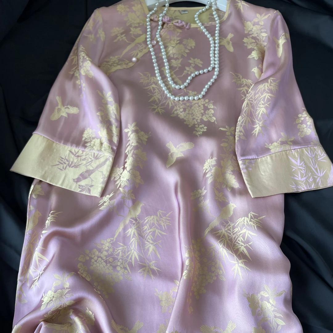 2454常熟春夏新款新中式复古国风休闲日常紫色喜鹊提花连衣裙