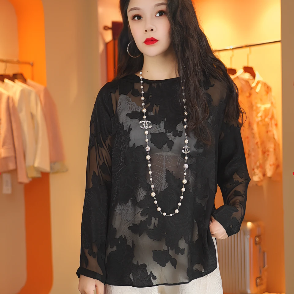 醋酸长袖上衣网红夏季复古日常中国风圆领重工春夏汉元素蕾丝显瘦