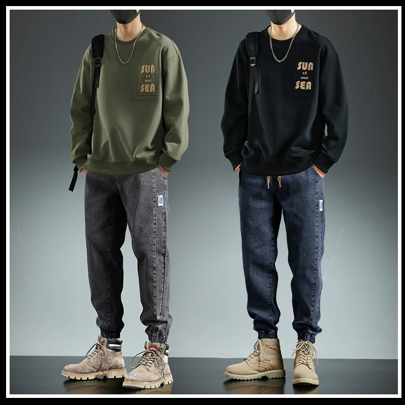 AOPAISHARK/奥派鲨时尚休闲套装男生春秋季圆领卫衣男束脚牛仔裤