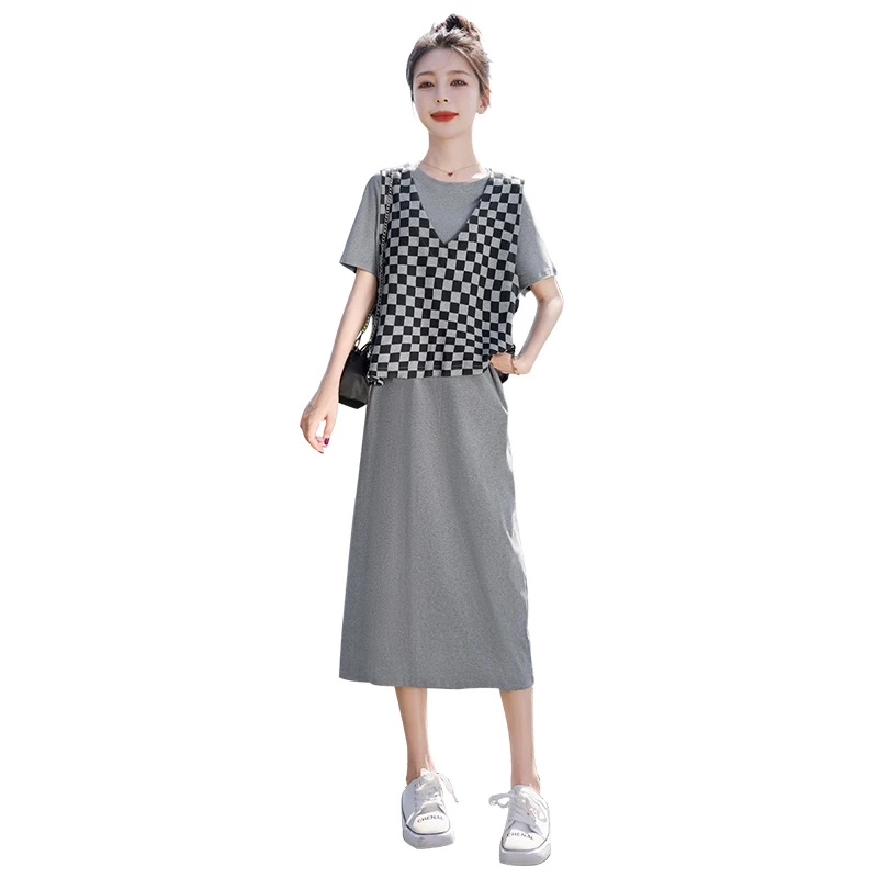 2024春装新款女格纹马夹搭连衣裙两件套休闲套装S31B1026NS
