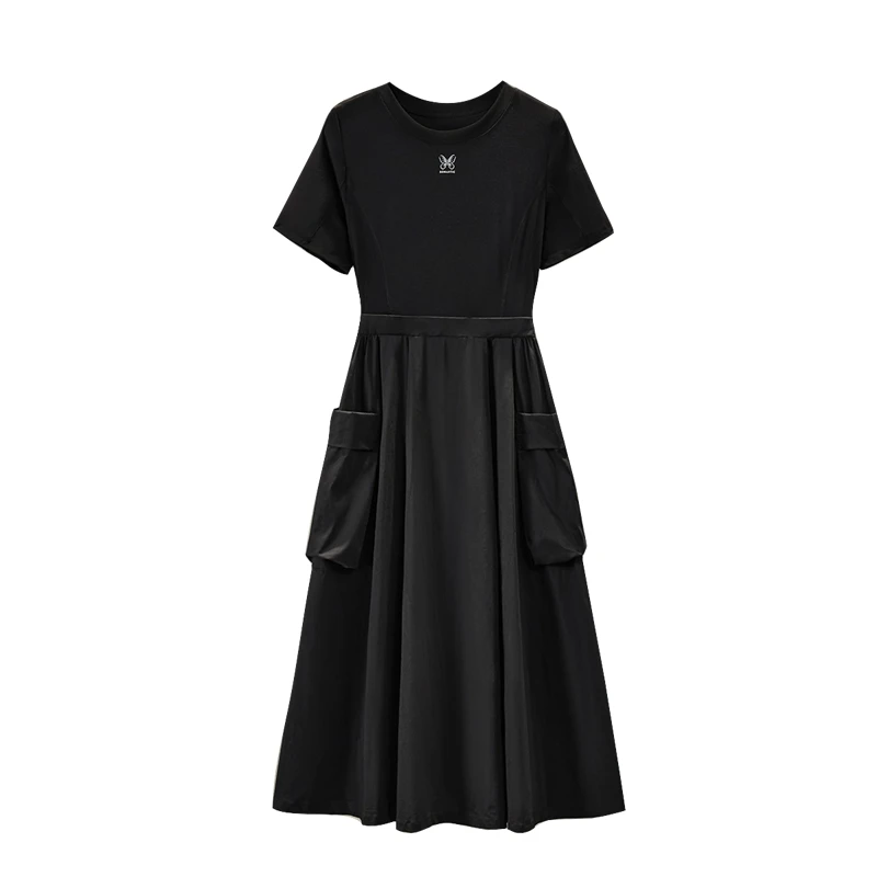 她池2024夏装新款女装圆领印花正肩短袖中长拼接连衣裙T42B1647L