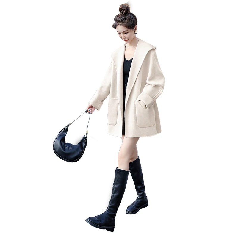 2023冬装新款女装时尚宽松简约纯色连帽长袖大衣S24R7435D