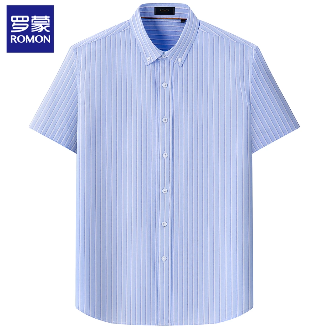 罗蒙夏季纯棉短袖衬衫男士半袖上衣舒适抗皱亲肤透气时尚潮流衬衣