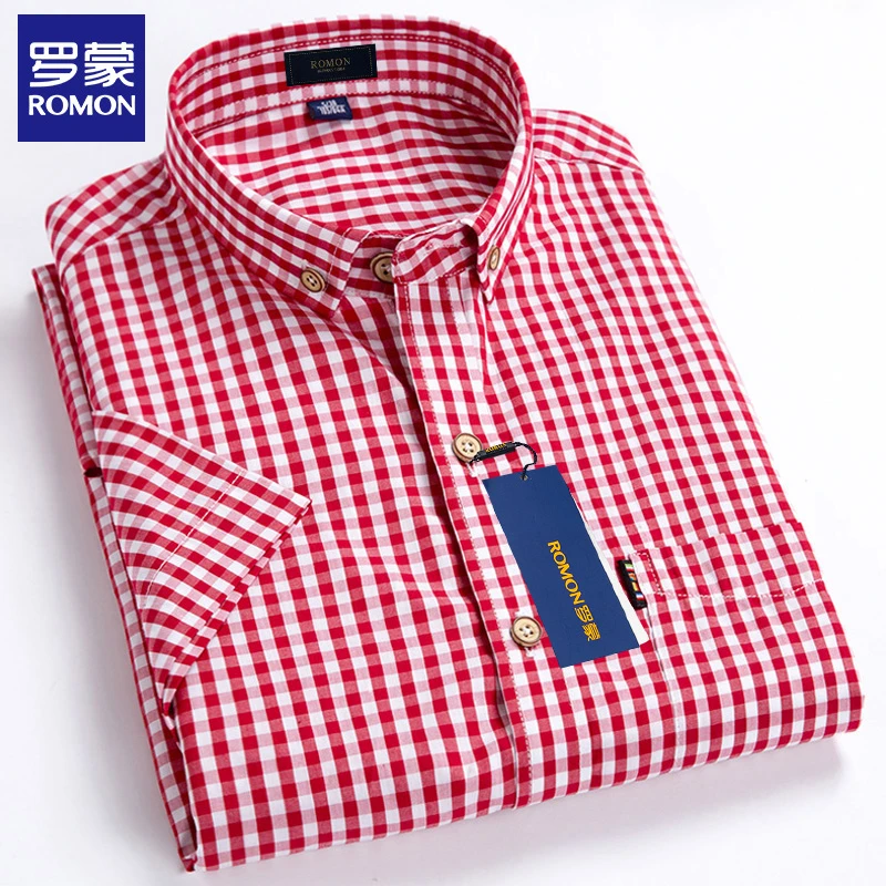 罗蒙品质男装夏季新款格纹纯棉衬衫亲肤透气舒适中青年男休闲衬衣