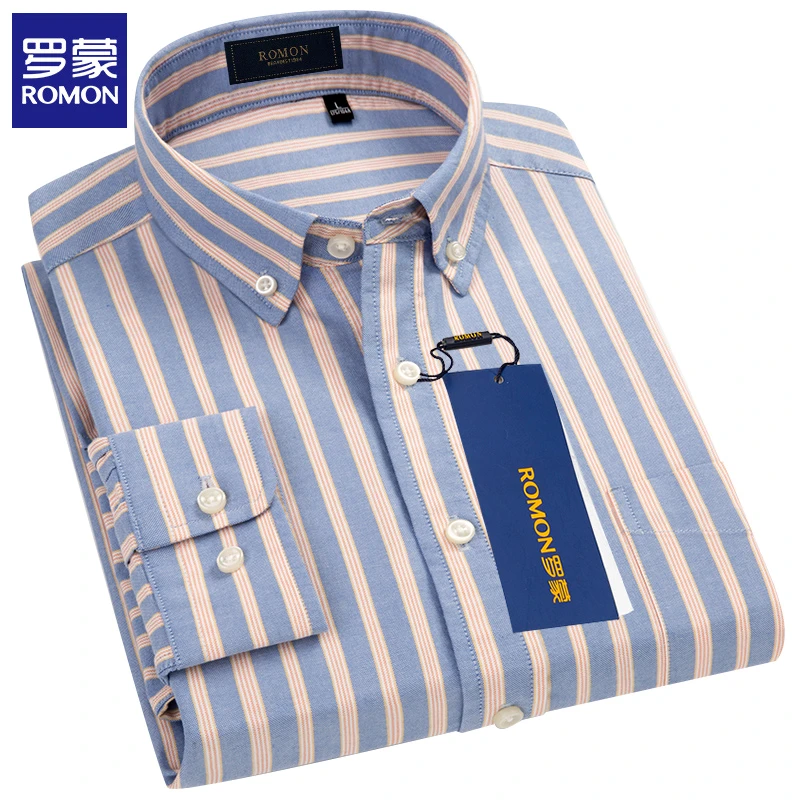 罗蒙品质男装春秋款高档衬衫男士纯棉商务休闲免烫条纹长袖衬衣男