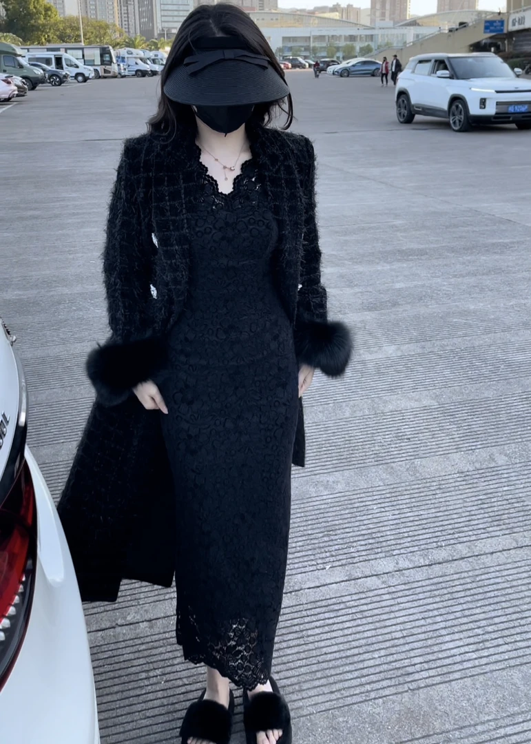 法式蕾丝显瘦长款收腰连衣裙8204