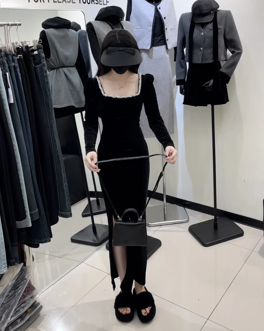 法式赫本风名媛宴会长裙气质黑色长袖连衣裙（不能机洗）5040