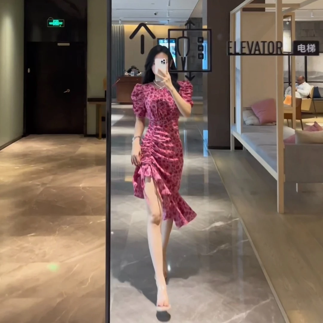 夏季时尚圆领修身中长款碎花鱼尾连衣裙83259